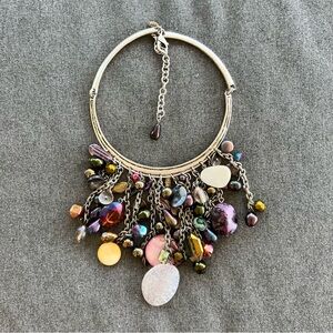 Chicos Necklace 15 to 19in Genuine Shell Multi Bead Silver Tone Statement Collar